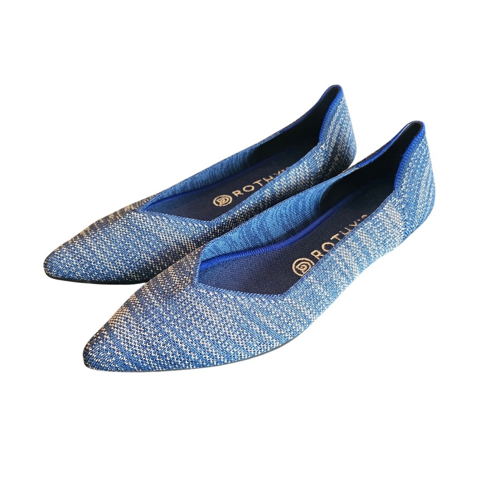 Rothys The Point Blue Indigo Heathered Knit Pointed Toe Flat Shoe Size 9
